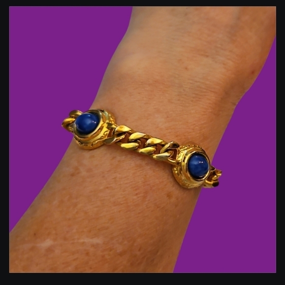 Vtg Blue Cabochon Goldtone Castlecore Curb Chain Bracelet - Picture 1 of 7